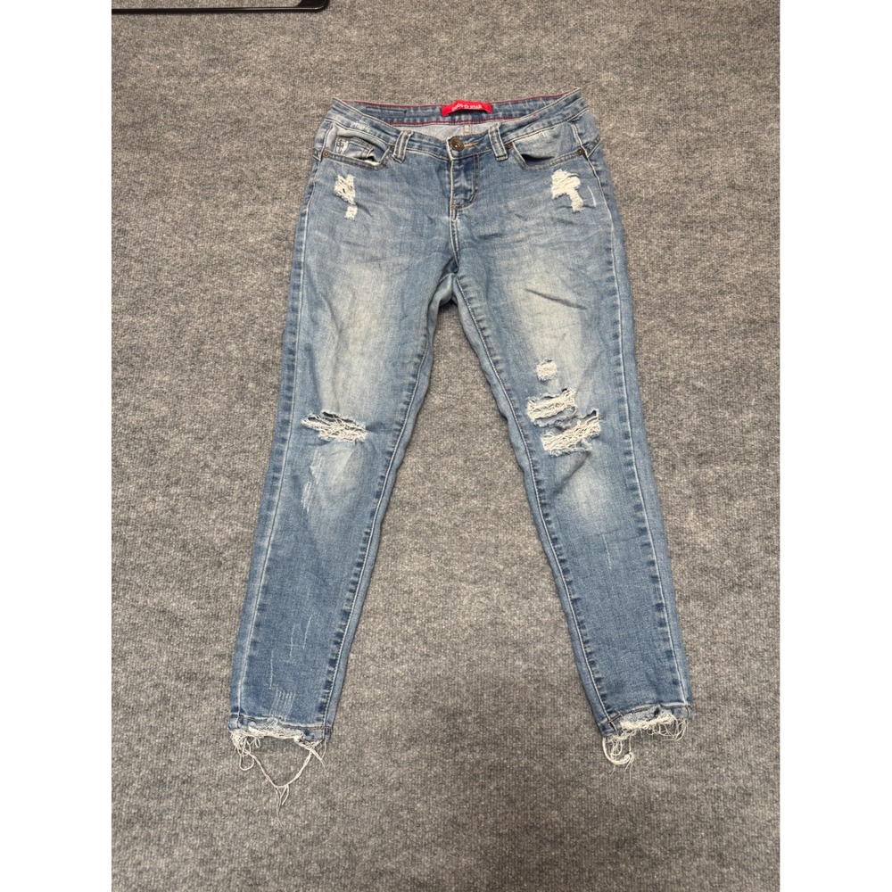 Gogo Star Womens Distressed Skinny‎ Jeans Light Wash Ripped Frayed Hem Size 28